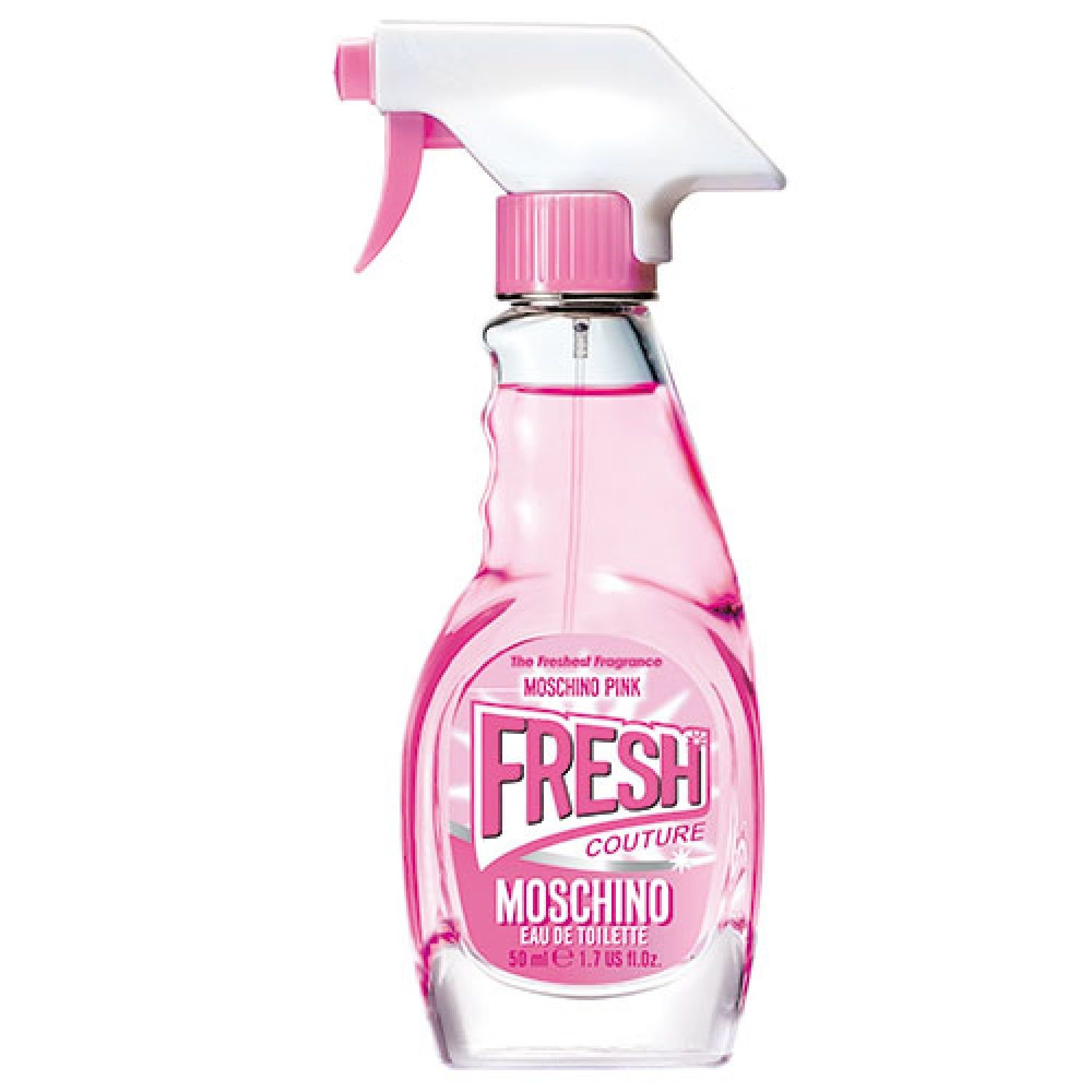 Rosa Flakon mit Sprühkopf. Aufschrift FRESH COUTURE und MOSCHINO. 50 ml.