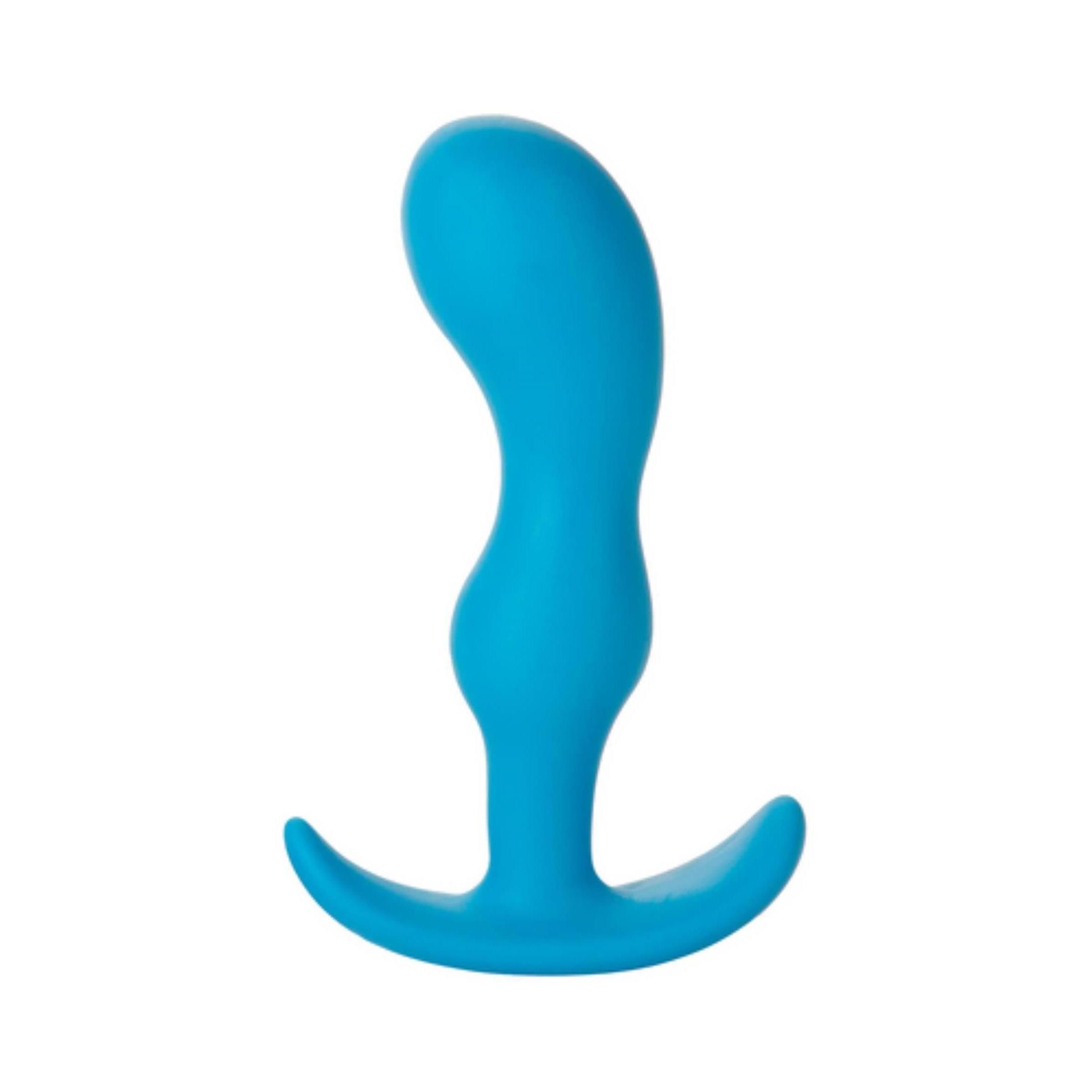 Blauer Analplug. Geschwungene Form mit breiter Basis. Glatte Oberfläche.