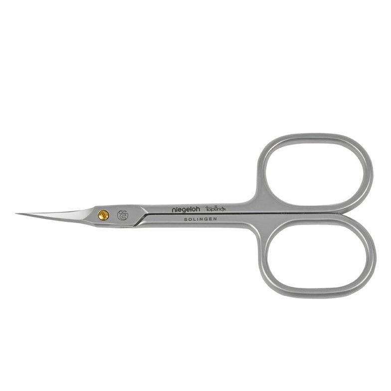 Nagelhautschere aus Edelstahl. Mit abgerundeten Griffen und spitzer Spitze. Marke Niegeloh Solingen.