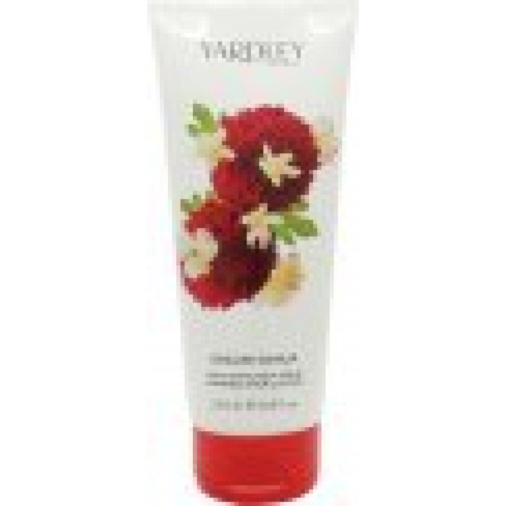 Verkleinerte Ansicht der Tube mit floralem Design. Text: Yardley London, English Dahlia, Exfoliating Body Scrub.