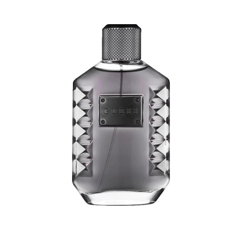 Grauer Flakon mit silberfarbenem Verschluss. Auf dem Flakon befindet sich ein rechteckiges Schild mit der Aufschrift "GUESS".