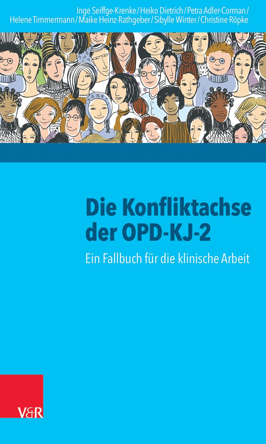 Buchcover mit Illustrationen von Gesichtern. Titel: Die Konfliktachse der OPD-KJ-2. Untertitel: Ein Fallbuch für die klinische Arbeit. V&R Logo.