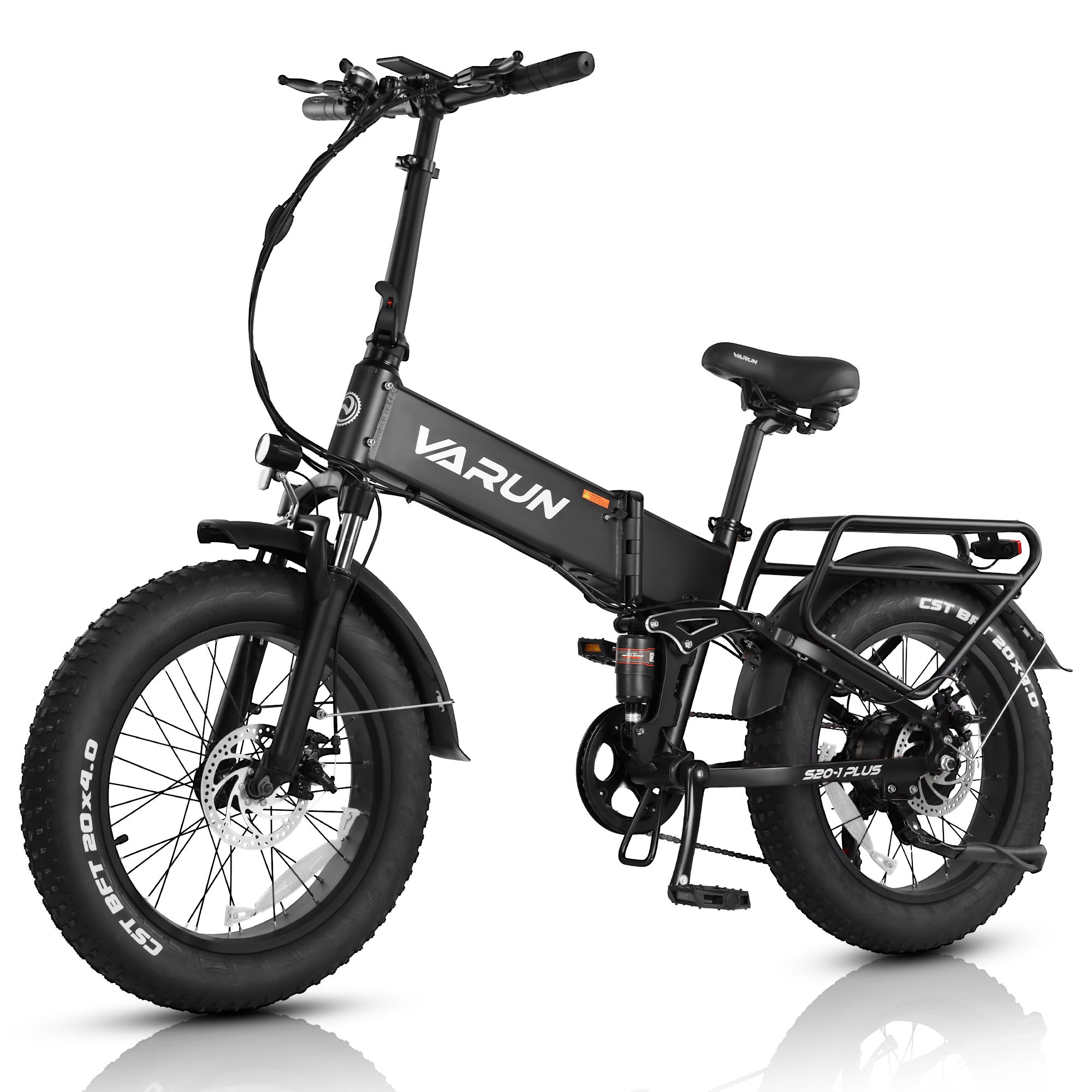 Faltbares E-Bike VARUN S20-2. Schwarzer Rahmen, Gepäckträger, Kotflügel. Details: 48V 13Ah Batterie, 20x4.0 Reifen.