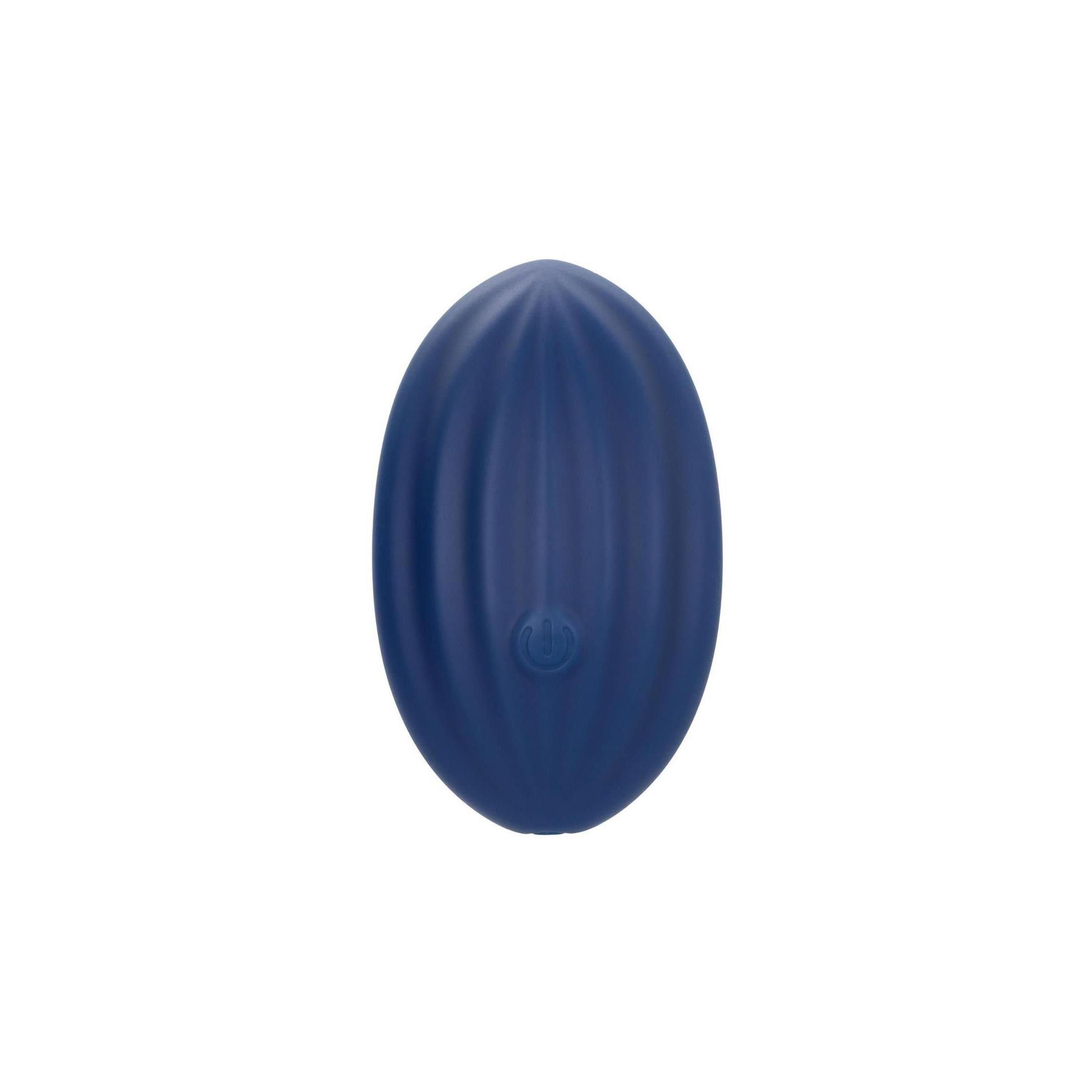 Blaues, ovales Wellness-Produkt mit geriffelter Oberfläche. Mit Power-Taste.