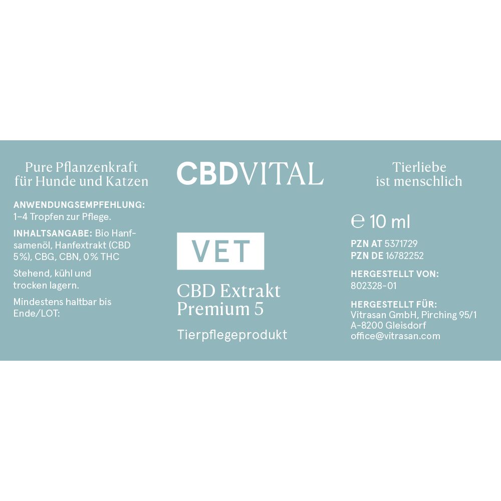 Etikett mit Text: "CBDVITAL", "VET CBD Extrakt Premium 5", "e 10 ml" und weiteren Informationen.