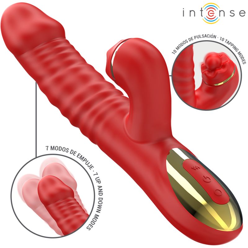 Roter Vibrator mit goldfarbenen Akzenten. Zusätzliche Kreise zeigen Funktionen: 7 Empuls-Modi, 10 Klopf-Modi, 10 Vibrations-Modi.