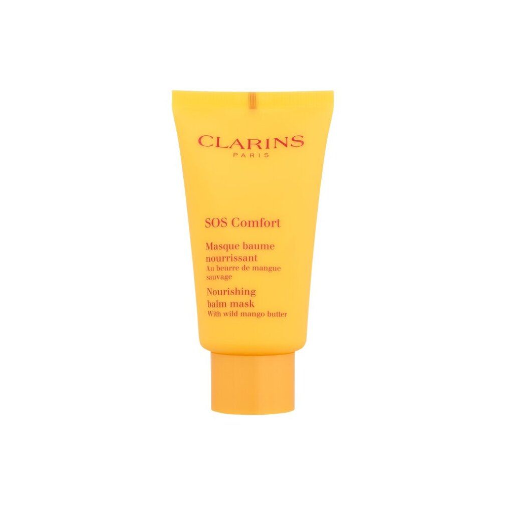 Gelbe Tube mit gelbem Verschluss. Aufschrift: Clarins Paris, SOS Comfort, Masque baume nourrissant, Nourishing balm mask.