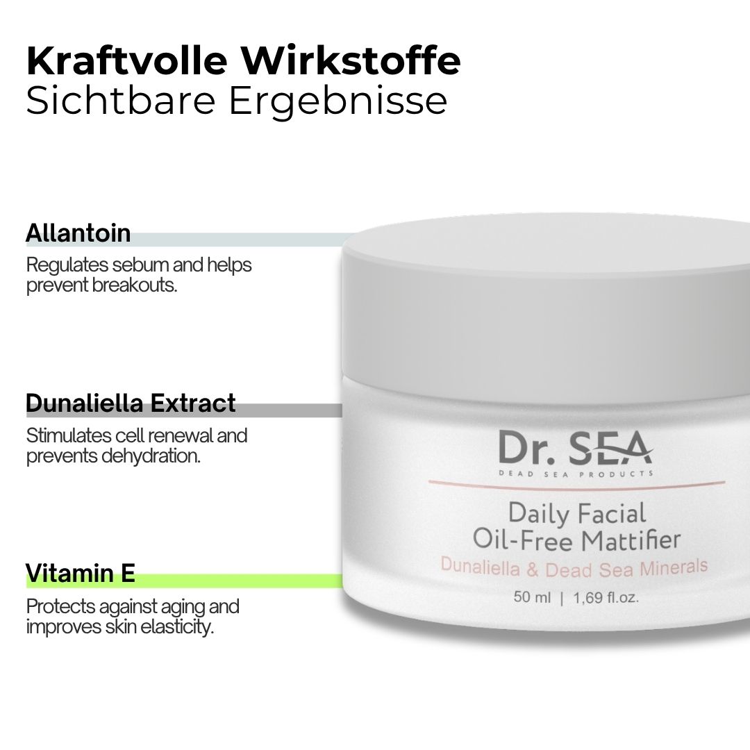Creme-Tiegel. Text: Kraftvolle Wirkstoffe, Allantoin, Dunaliella Extract, Vitamin E, Daily Facial Oil-Free Mattifier.