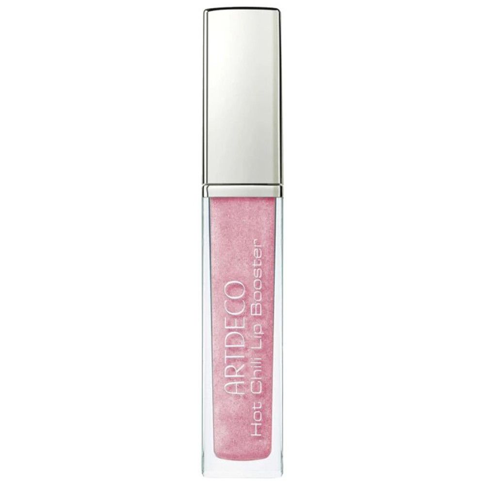 Artdeco Hot Chili Lip Booster in rechteckiger, transparenter Flasche. Rosa Flüssigkeit, silberne Kappe. Text.