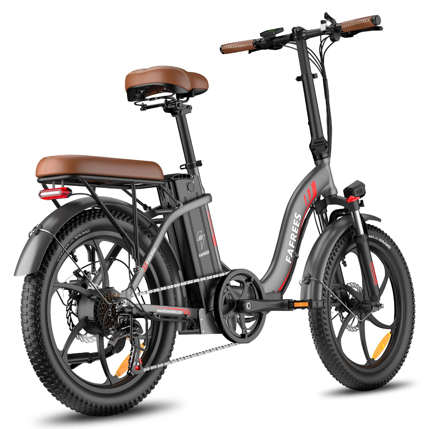 Graues FAFREES F20 Pro Elektrofahrrad. Braune Sitze, breite Reifen. 20 Zoll Räder, roter Akzent. Gefalteter Rahmen.