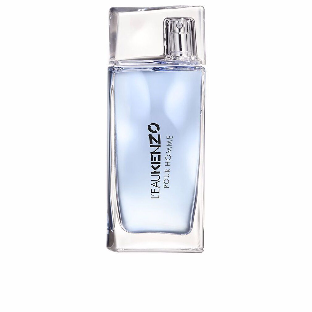 Rechteckiger Flakon von L'EAU KENZO POUR HOMME. Hellblaues Parfum, transparenter Verschluss.