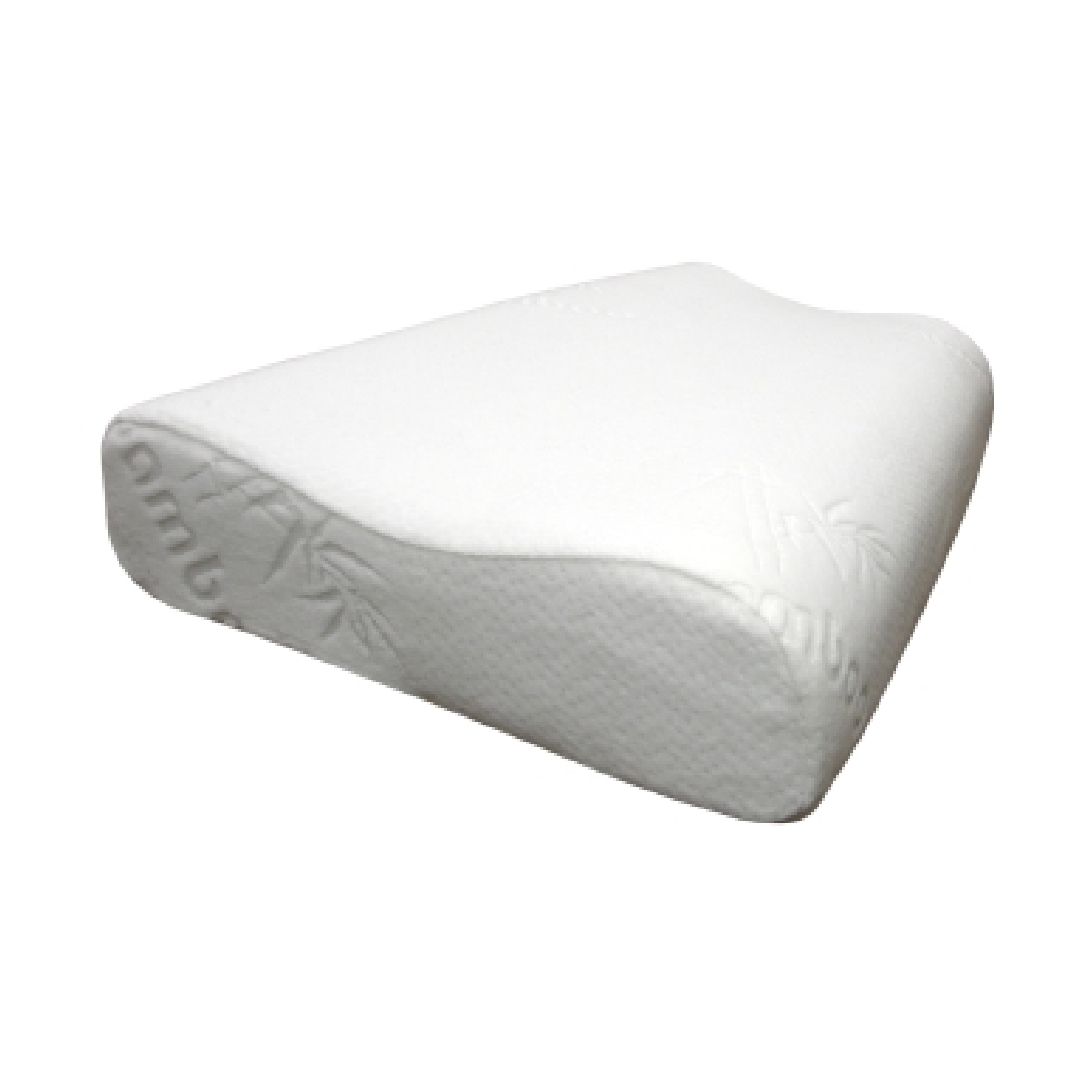 Il cuscino cervicale ergonomico in memory foam è bianco e di forma ondulata. Presenta dettagli in bambù. Progettato per sostenere il collo e la colonna vertebrale.