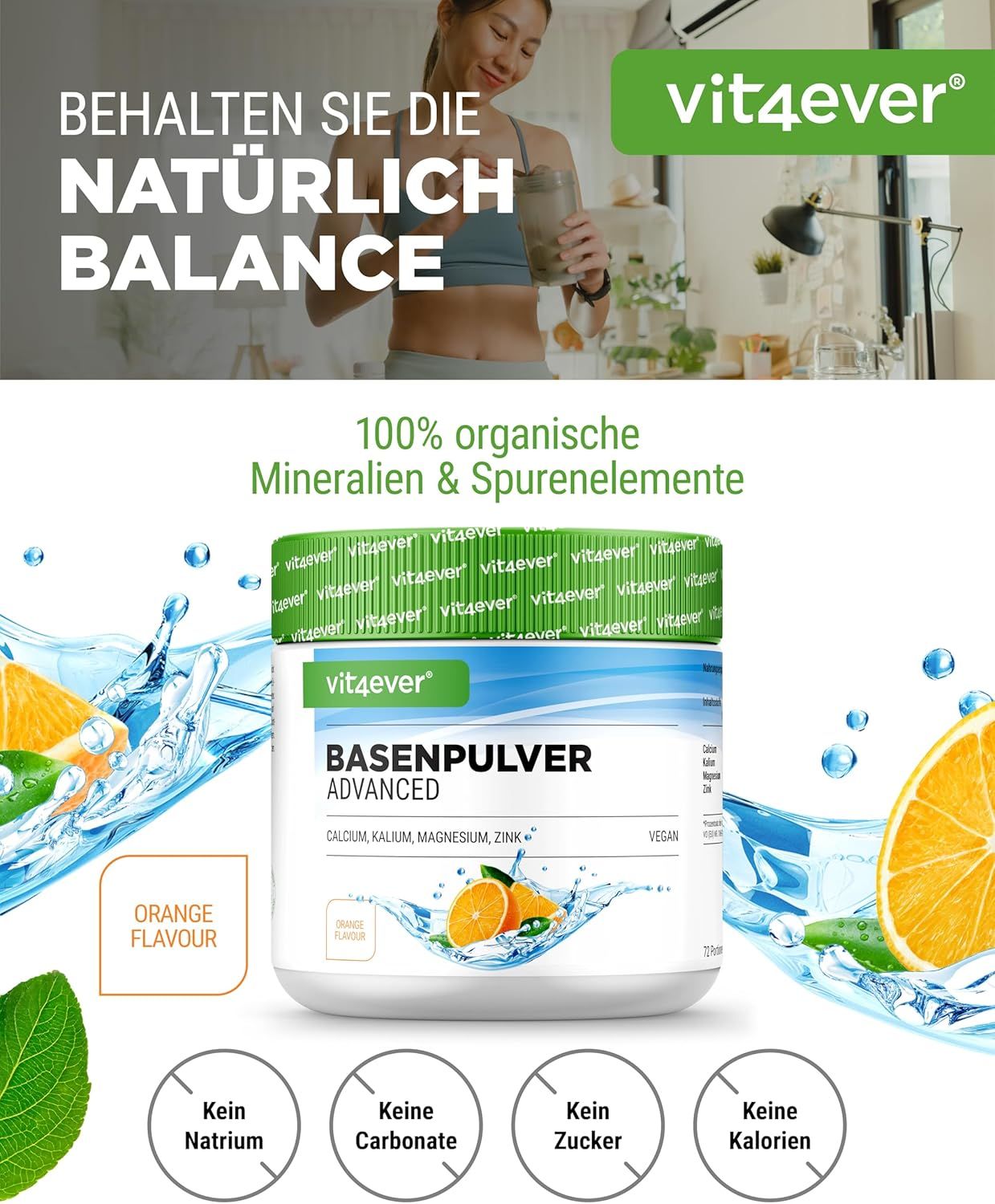 Vit4ever Basenpulver Advanced Dose mit Orangengeschmack, vegan, ohne Natrium, Carbonate, Zucker, Kalorien.