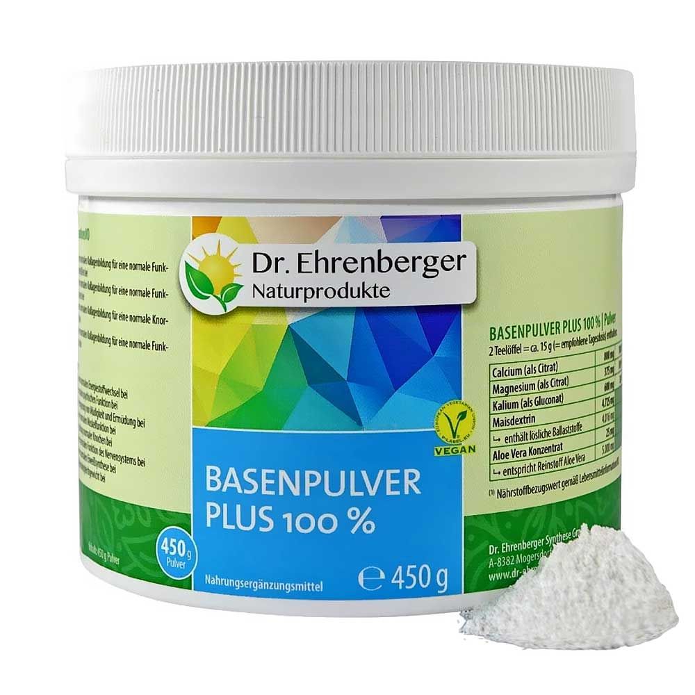 Weißer Behälter mit "Dr. Ehrenberger Basenpulver Plus 100%". Vegan-Siegel. Aufschrift "e 450 g". Daneben ein Haufen Pulver.