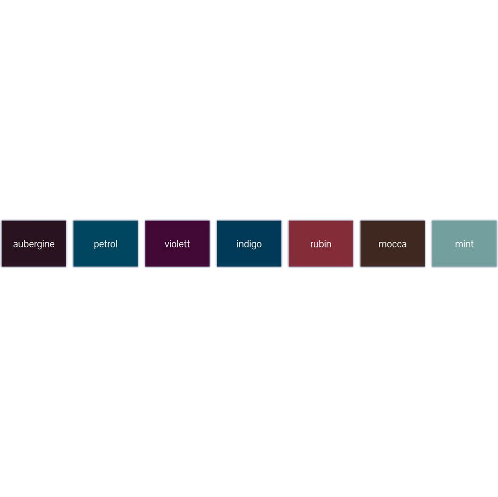 Farbpalette mit Kniestrümpfen in Rubin, Indigo, Violett, Aubergine, Petrol, Mokka, Mint. Farbnamen unter den Feldern.