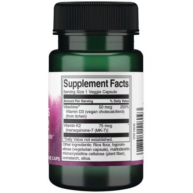 Rückseite der Swanson Vitamin D3 & K2 Flasche mit Nährwertangaben und Inhaltsstoffen.
