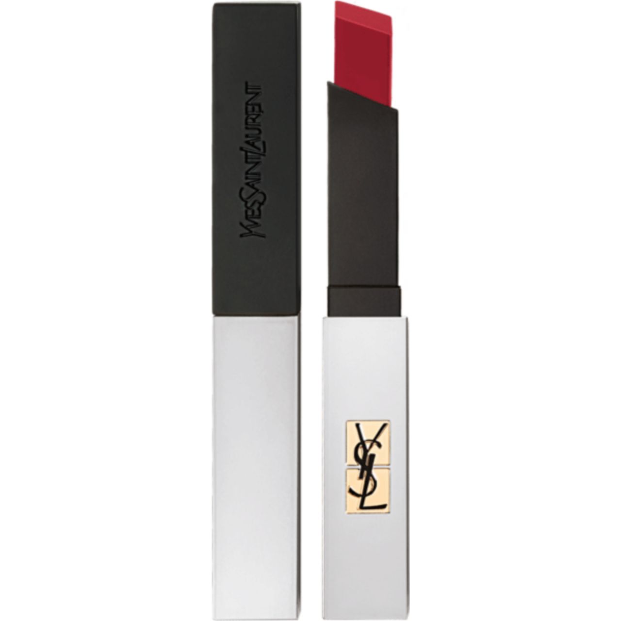 Lippenstift, schlanke Form, geöffnet und geschlossen. Schwarzer Deckel mit weißem Gehäuse. YSL-Logo.