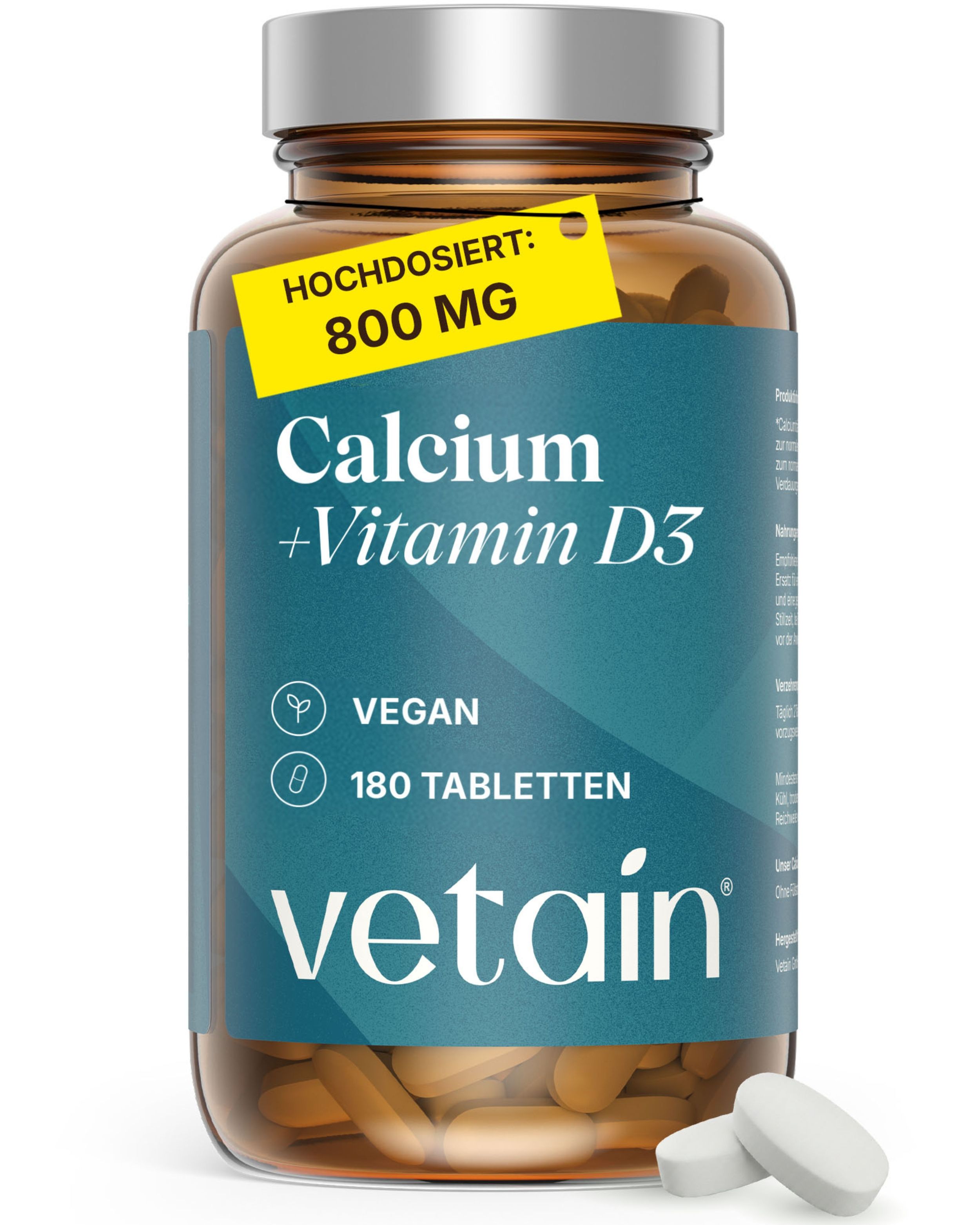 Vetain Calcium Vitamin D3 Tabletten – 800mg Kalzium + 20µg pro Tag vegan, ohne Zusätze 180 St