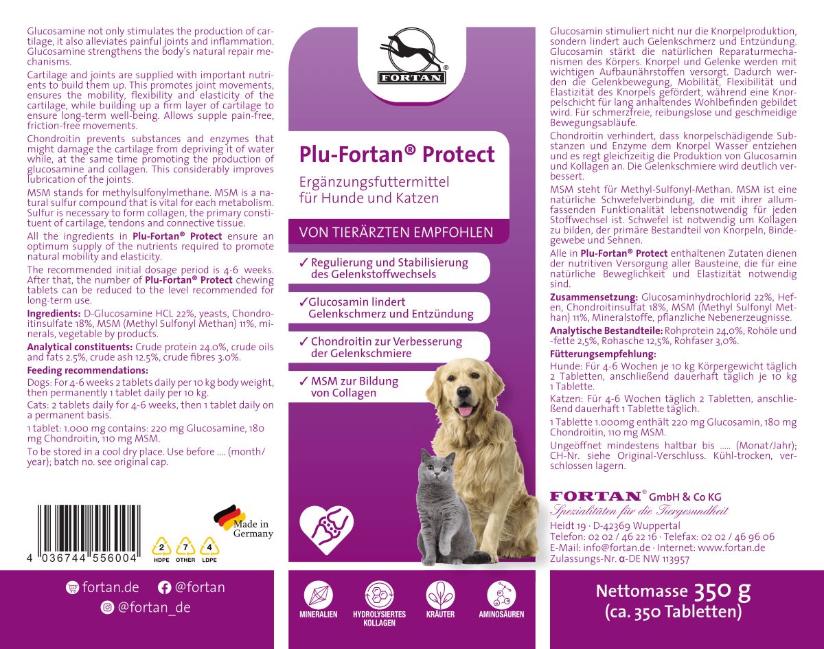 Rückseite der Plu-Fortan Protect Verpackung. Text in Deutsch, Produktabbildung, Logo und Inhaltsangaben.