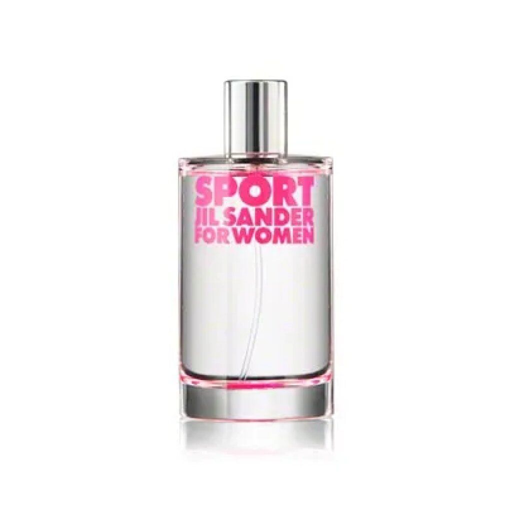 Klarer Glasflakon mit silbernem Deckel. Aufschrift SPORT JIL SANDER FOR WOMEN in Pink. Roter Streifen am Boden.