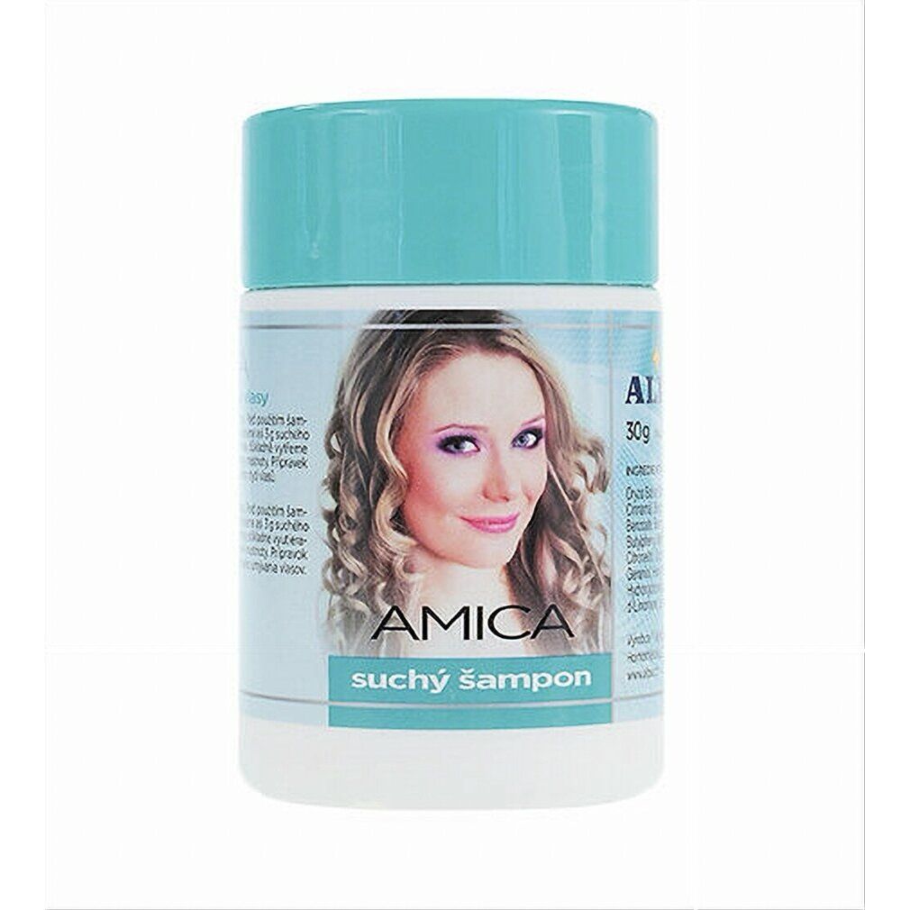 Zylindrische Dose mit türkis Deckel. Aufdruck: AMICA, Frauengesicht, Text. Trockenshampoo.
