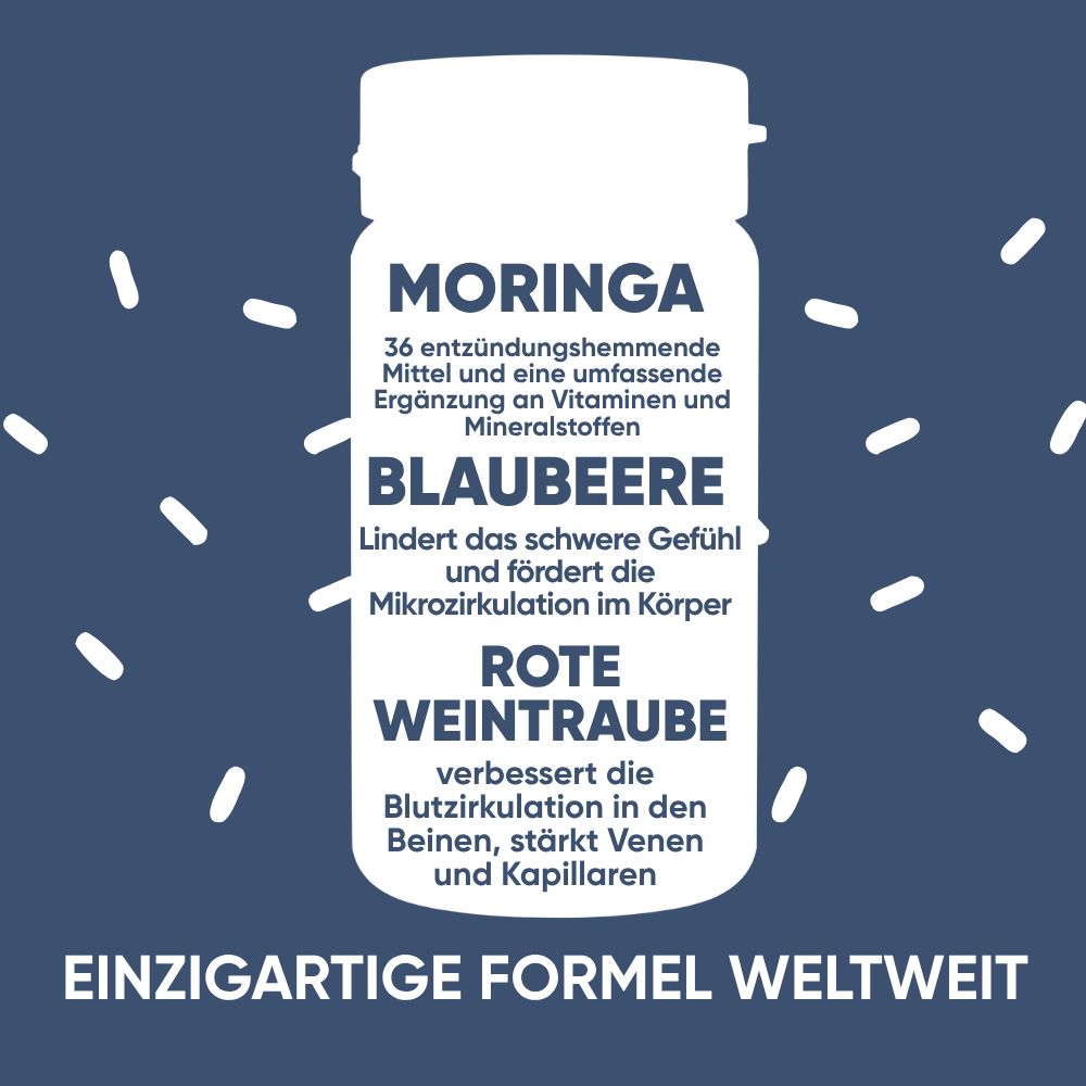 Flasche RedMoringa MICROCIRCOLO mit Kapseln. Text über Moringa, Blaubeere, rote Weinrebe und einzigartige Formel.