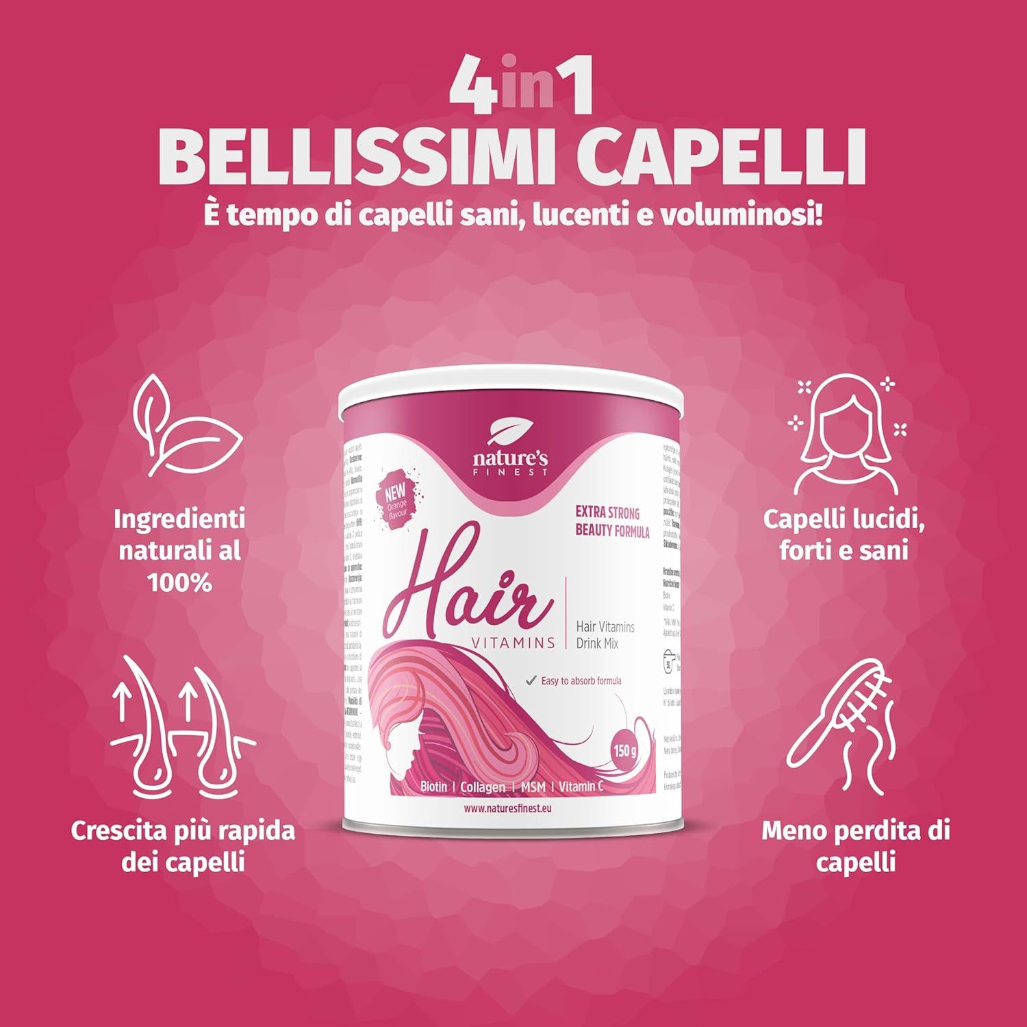 Produktverpackung von Nature's Finest Hair Vitamins. Dose mit Illustration, Text und Icons. 4in1 für schönes Haar.