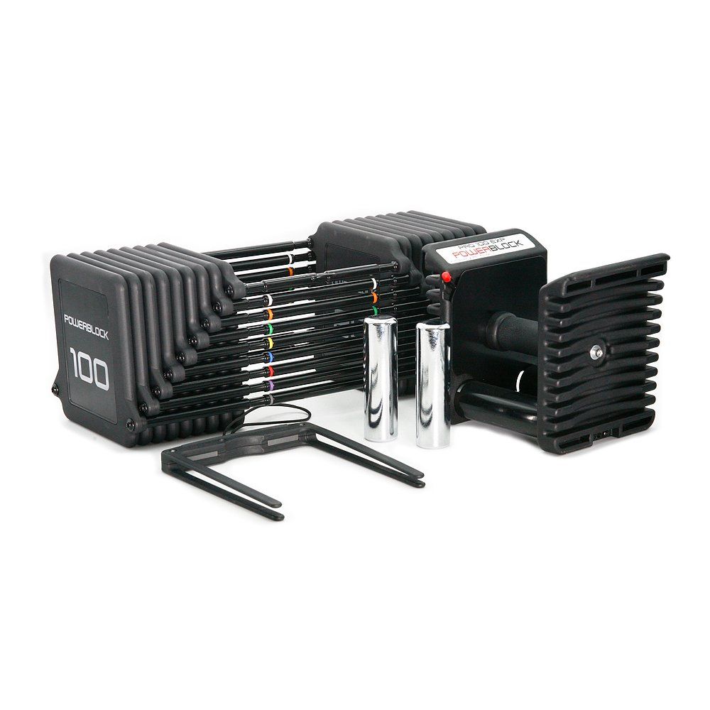 Verstellbare Kurzhantel PowerBlock Pro 100 EXP. Schwarze, rechteckige Form mit Gewichtsangabe "100". Enthält Metallstangen und Zubehör.