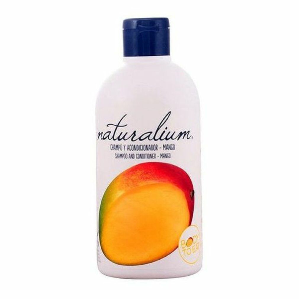 Flasche mit Naturalium Shampoo und Conditioner Mango. Mit Mango-Abbildung.