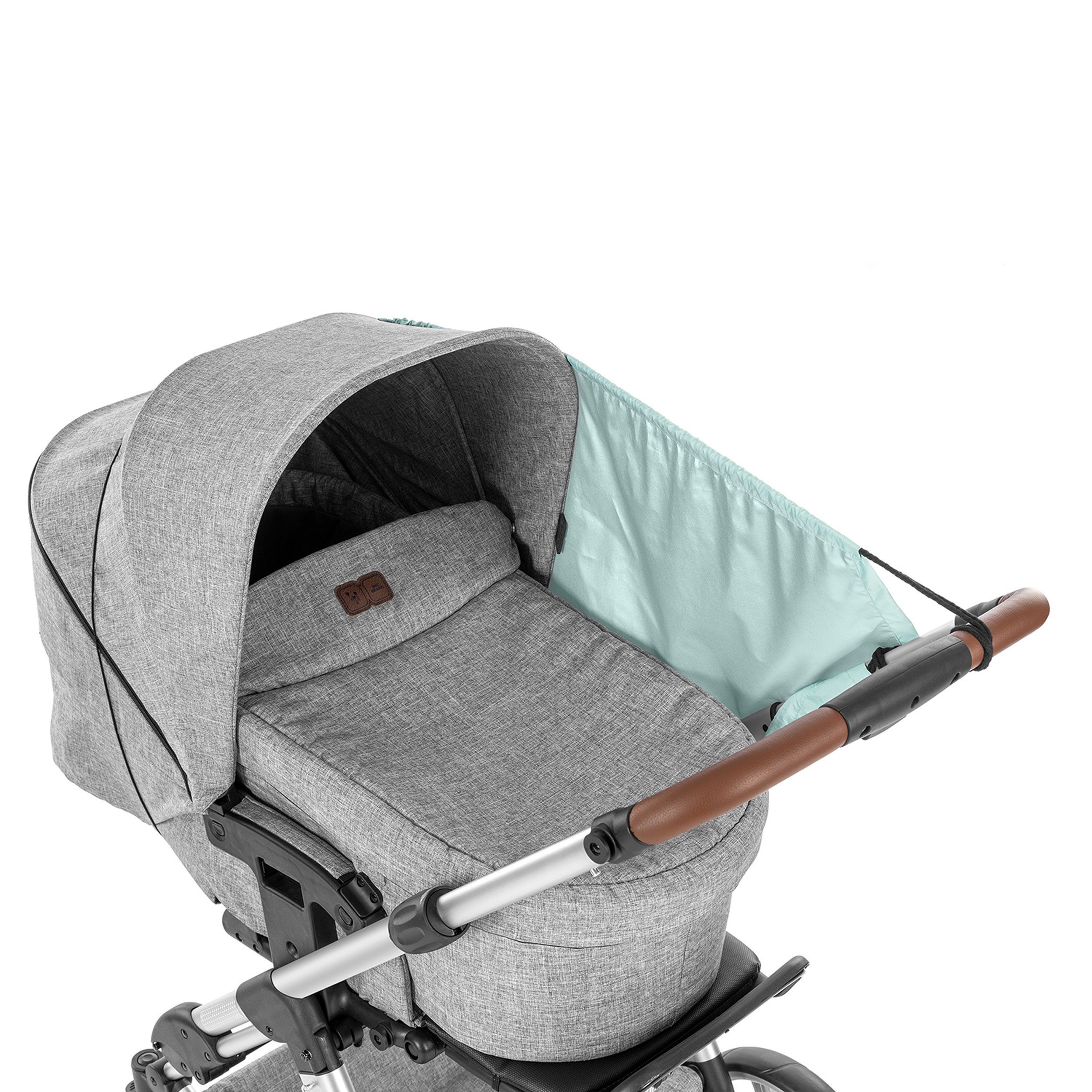 Grauer Kinderwagenaufsatz mit hellblauem Sonnenschutz.