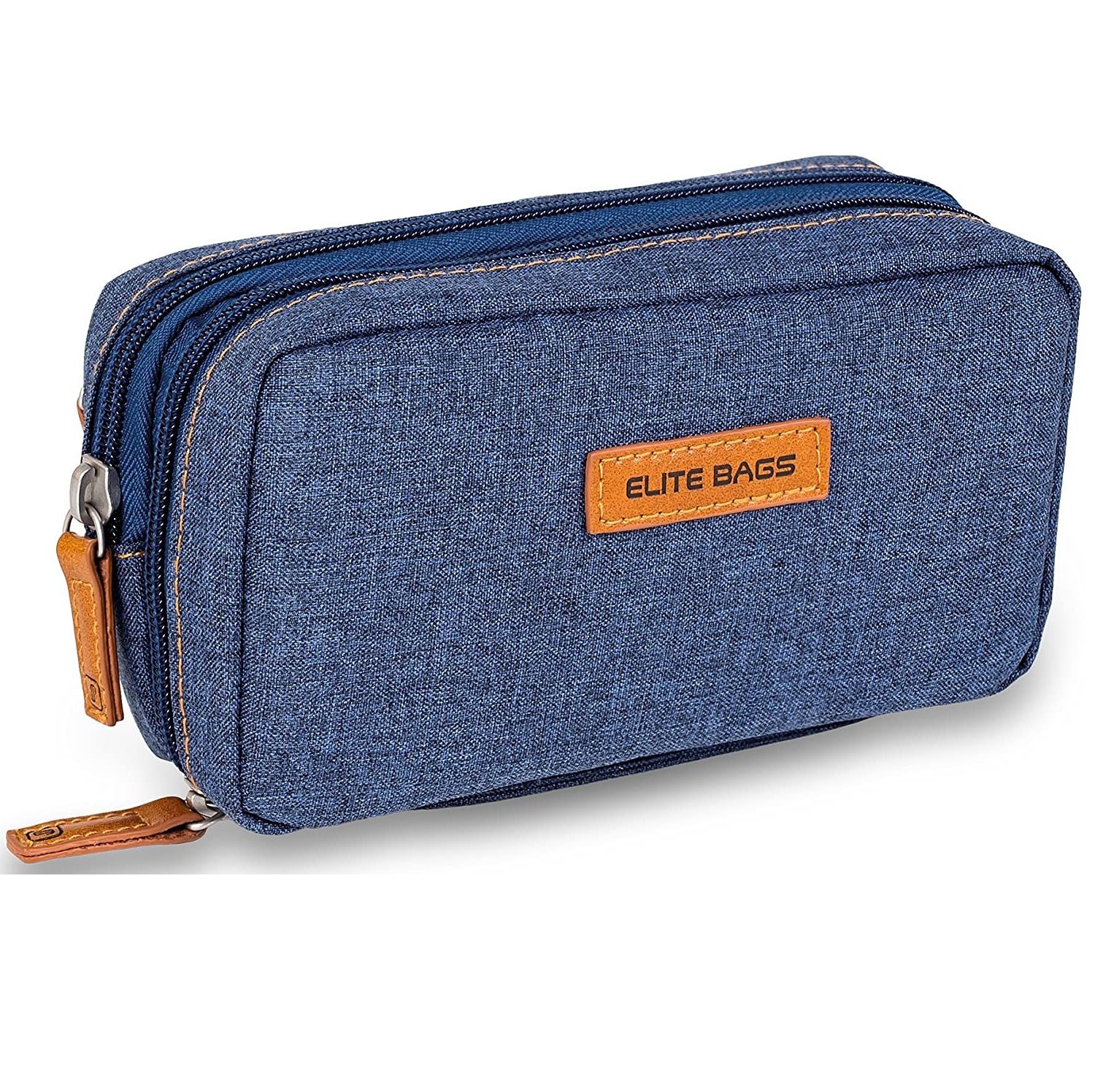 Blaue, thermoisolierte Diabetikertasche mit Reißverschluss und braunem Logo-Patch. Marke: Elite Bags.
