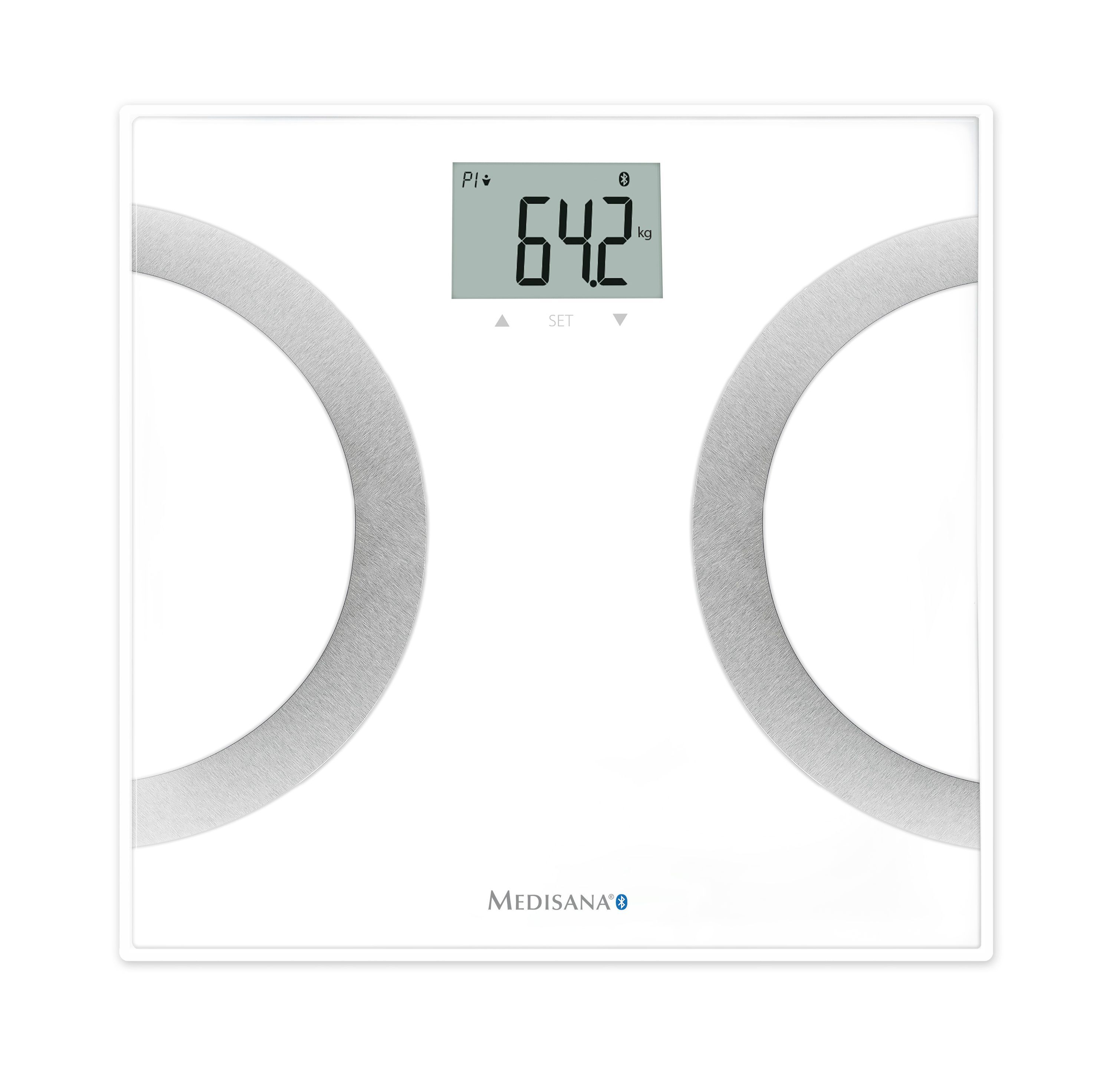 Witte lichaamsanalyse weegschaal met digitale display. Grijze cirkels voor voeten. Medisana logo.