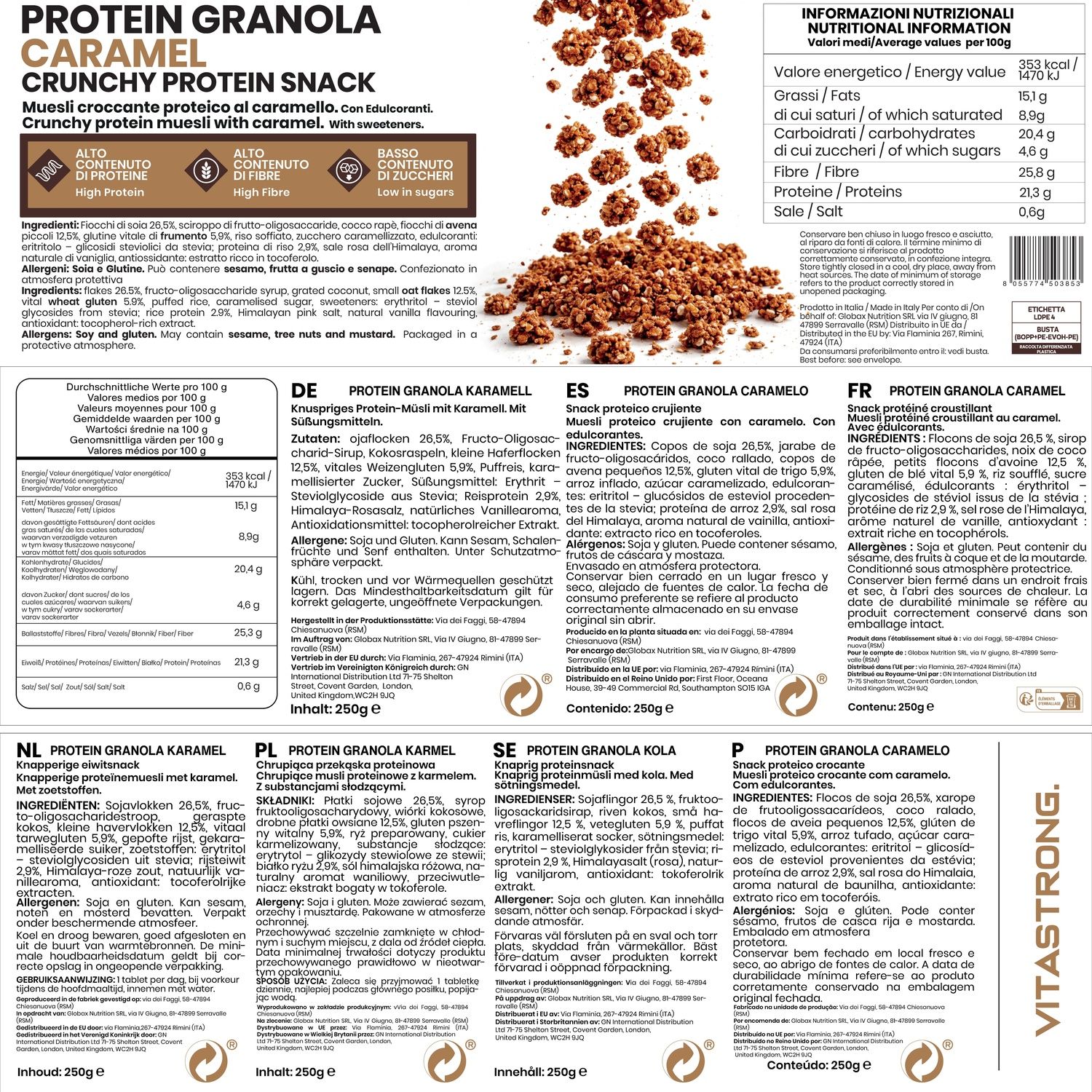 Nahaufnahme von Protein-Granola-Packung. Text: Protein Granola Karamell, hoher Proteingehalt, reich an Ballaststoffen. Nährwertangaben.