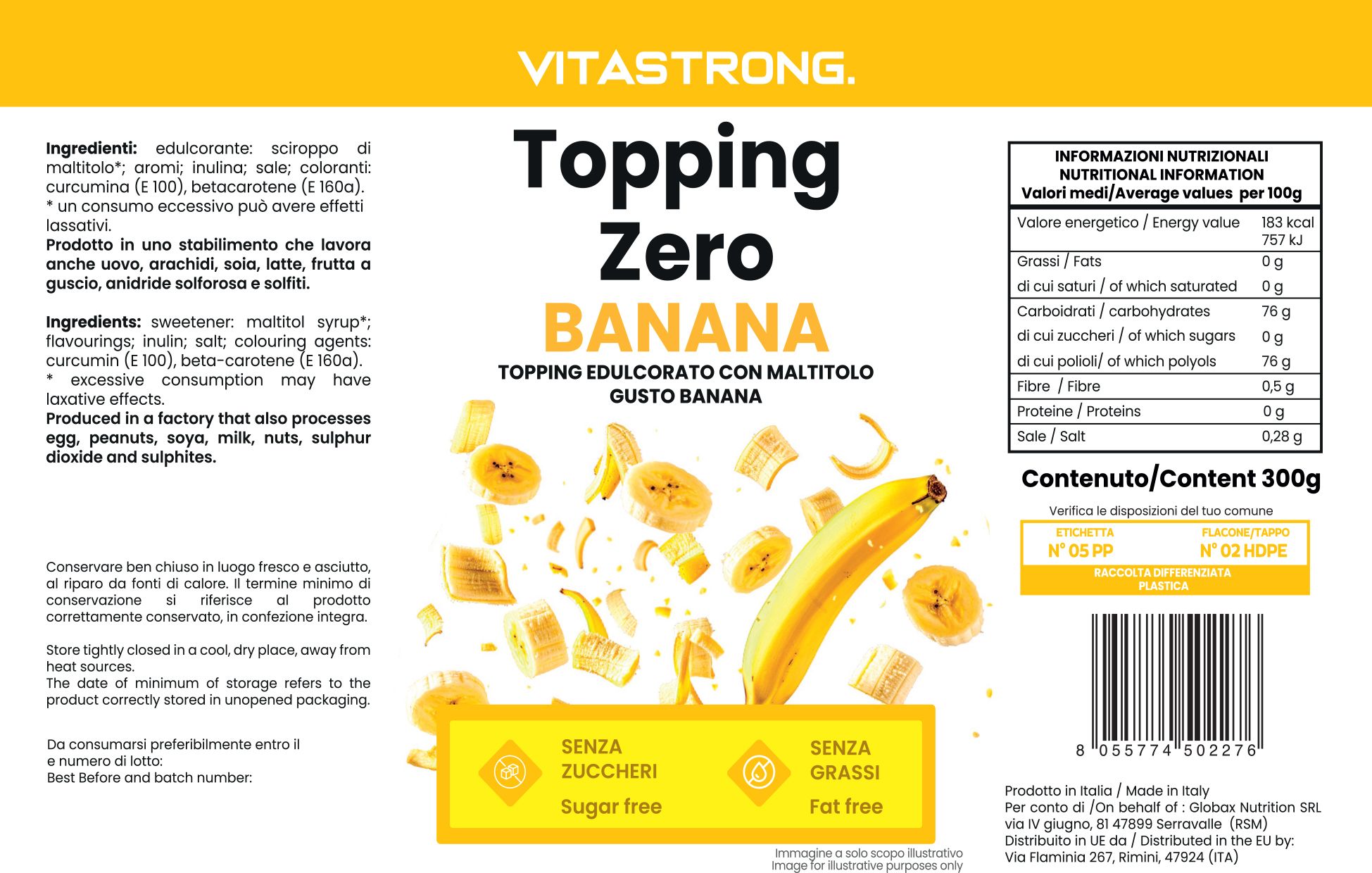 Verpackung von Vitastrong Topping Zero Banana. Gelbes Etikett mit Produktnamen, Bananen-Illustrationen und Nährwertangaben.