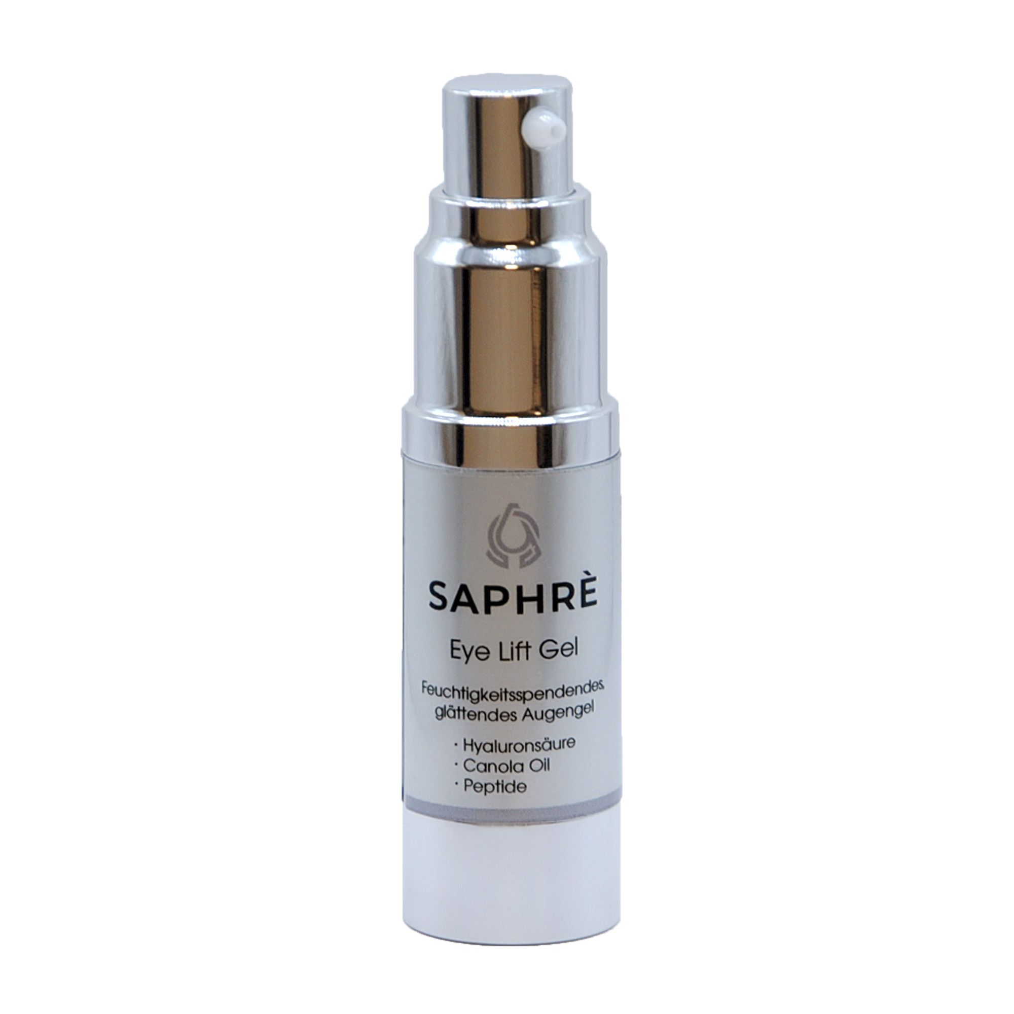 Zylindrische Flasche mit silbernem Pumpkopf. Aufschrift: Saphrè Eye Lift Gel. Text darunter.