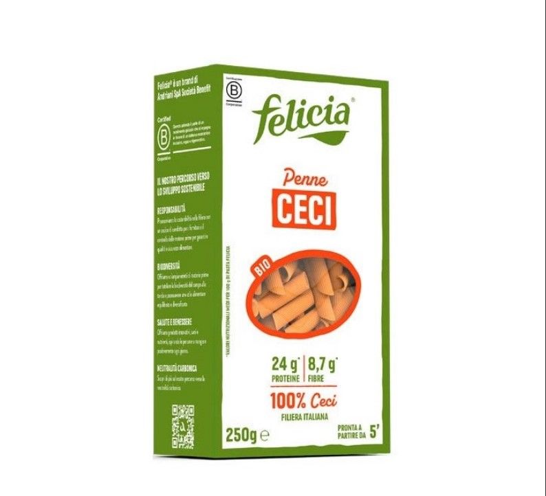 Confezione di Penne Ceci Bio Felicia. Contiene 250g. Certificazione bio e informazioni nutrizionali. 100% ceci.