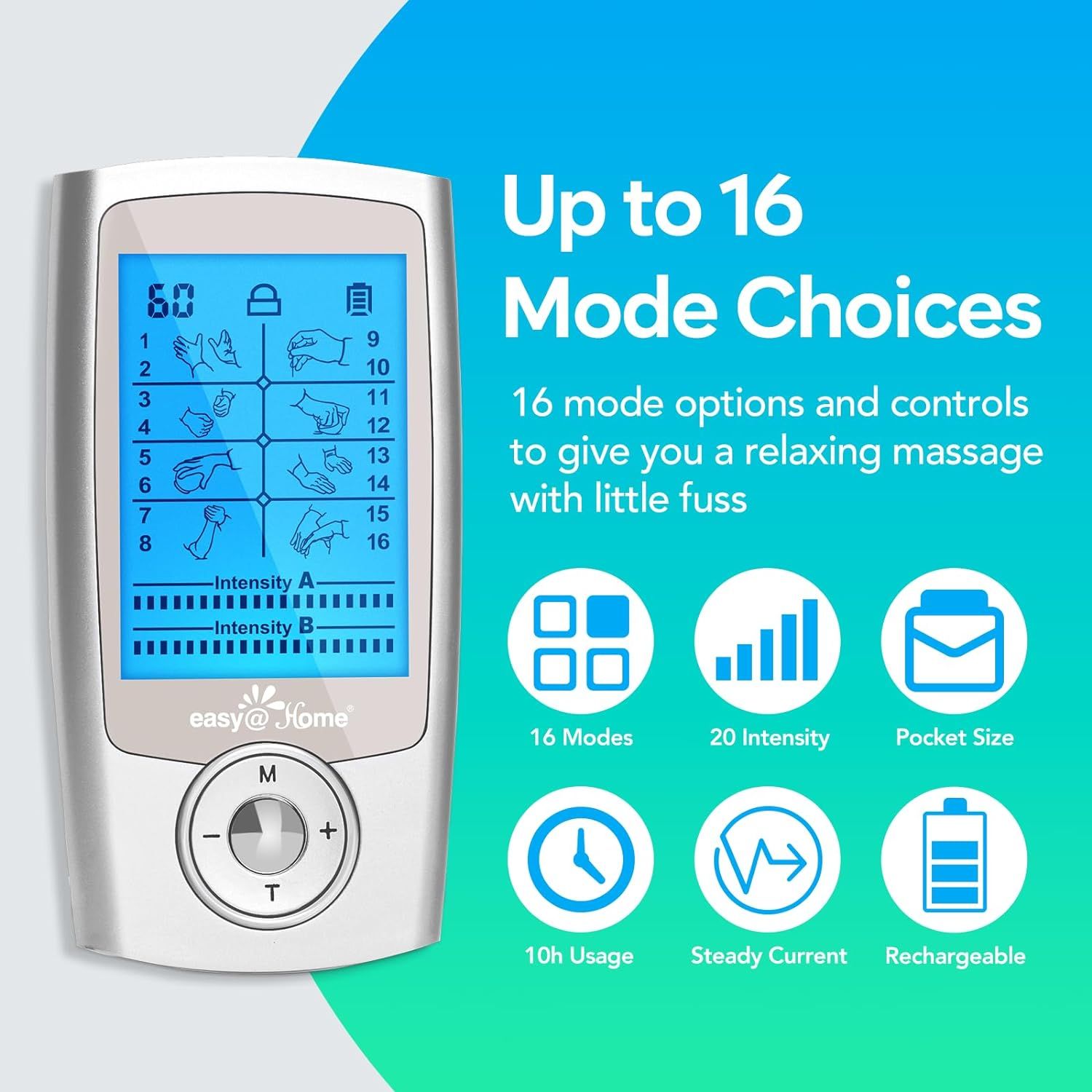 TENS-Gerät mit Display, zeigt Modi und Intensität an. Text: 'Up to 16 Mode Choices'. Symbole für Modi, Intensität, Größe, etc.