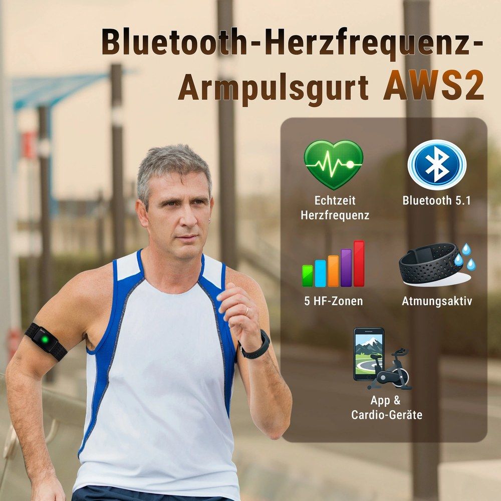 Mann beim Laufen mit Armpulsgurt, der Herzfrequenz und Bluetooth-Funktionen anzeigt.