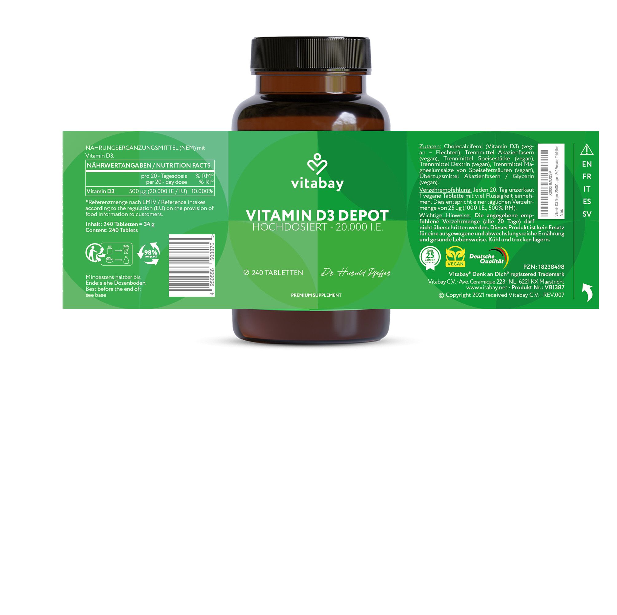 Braune Glasflasche mit Etikett. Vitabay Vitamin D3 Depot. 240 Tabletten. Nährwertangaben.