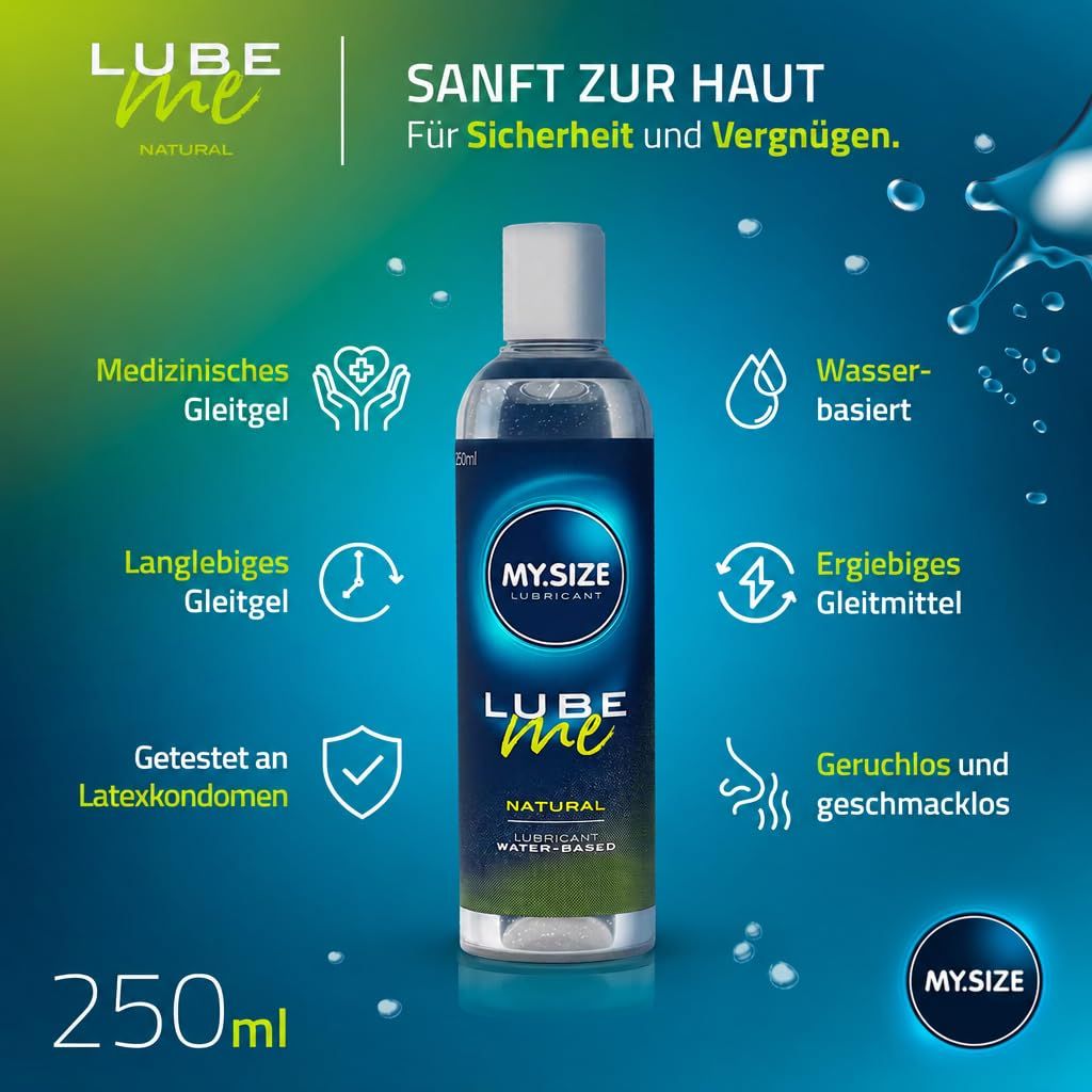 MY.SIZE LUBE ME NATURAL Gleitmittel, 250ml Flasche, mit Siegeln für Qualität und Hautverträglichkeit.