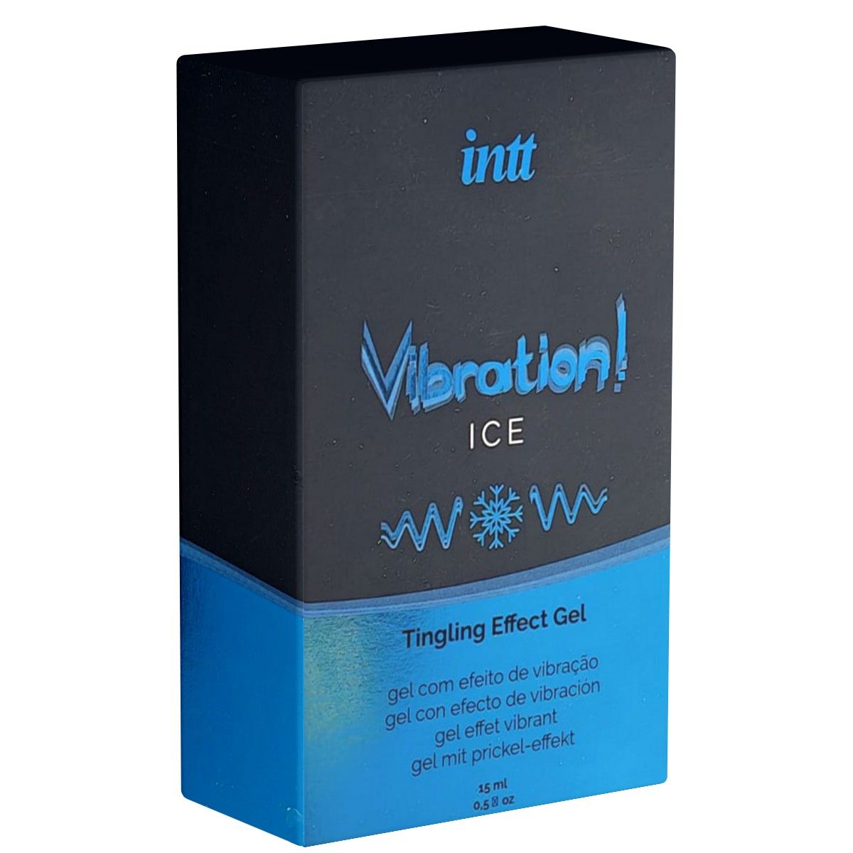 Schwarze Schachtel mit blauer Unterseite. Aufschrift: INTT Vibration! ICE. Tingling Effect Gel. Mehrsprachiger Text.