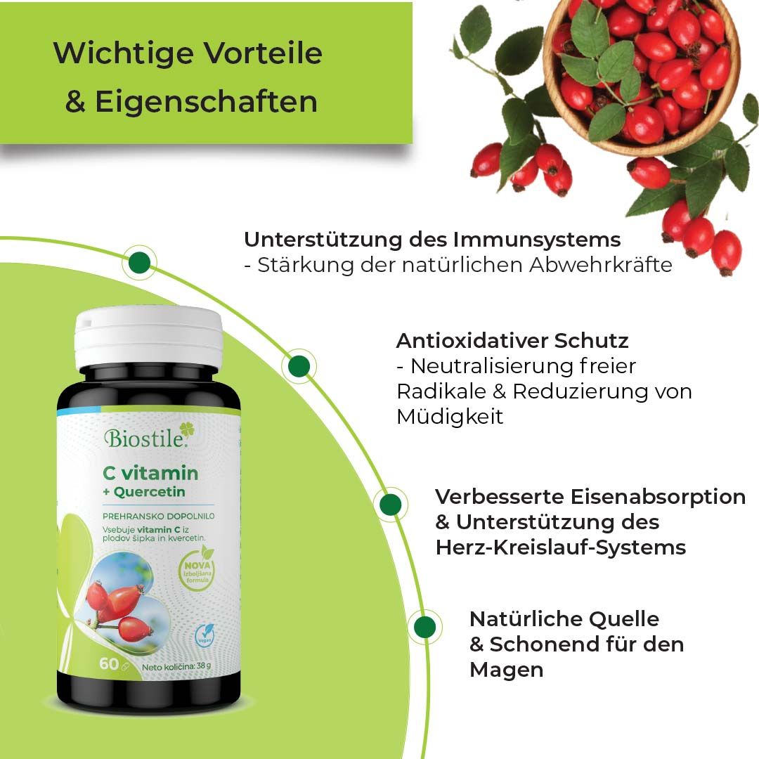 Eine Flasche Biostile C Vitamin + Quercetin. Text: Vorteile: Immunsystem, antioxidativ, Eisenabsorption, Herz-Kreislauf, Magen.