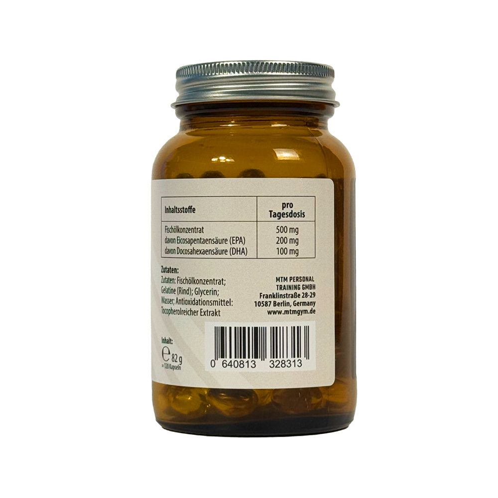 Rückseite einer braunen Glasflasche mit Schraubverschluss. Etikett mit Inhaltsstoffen und Nährwertangaben. Barcode.