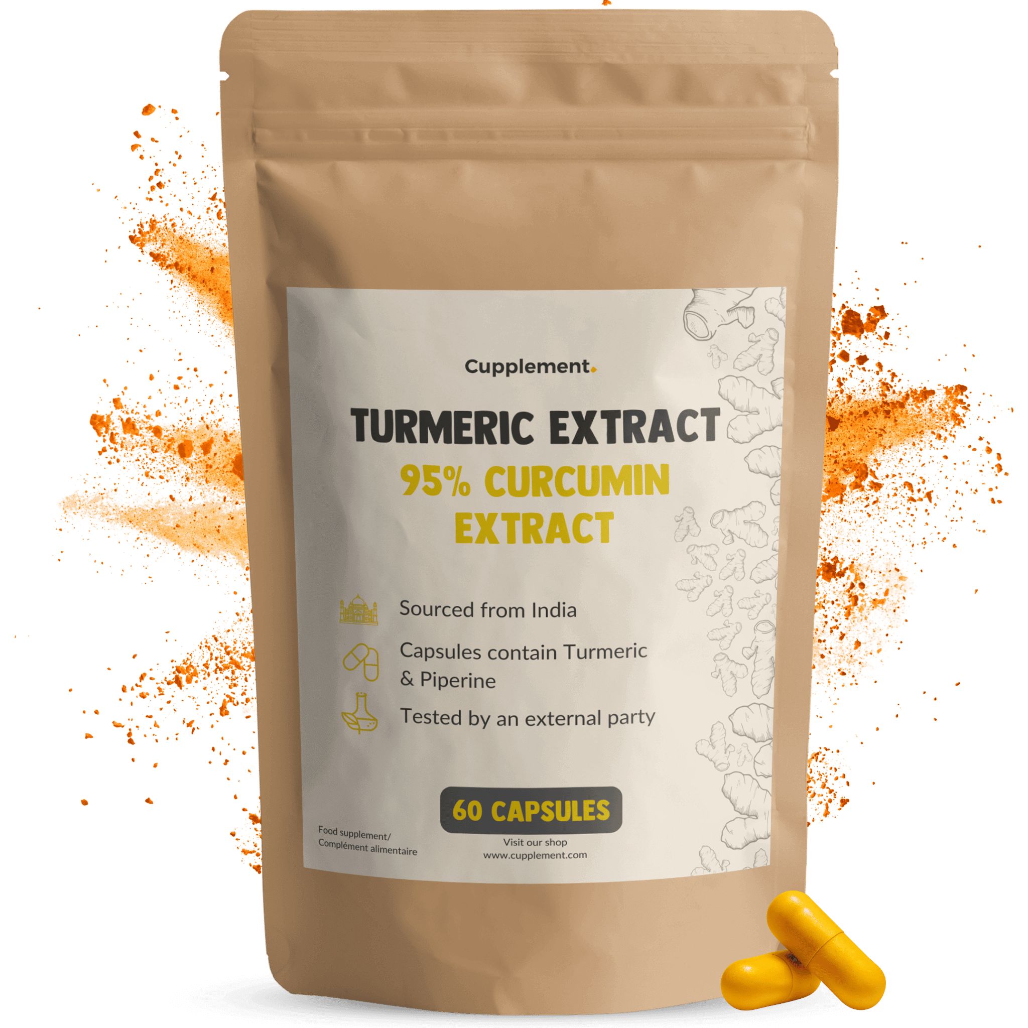 Beutel mit Kapseln. Aufschrift: Turmeric Extract, 95% Curcumin Extract. 60 Kapseln. Herkunft Indien.