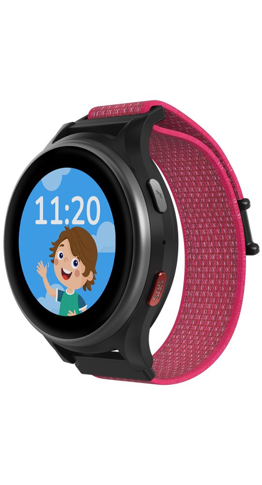 Schwarze Smartwatch mit pinkfarbenem Armband. Rundes Zifferblatt mit Kinder-Illustration und Uhrzeit 11:20. SOS-Taste.