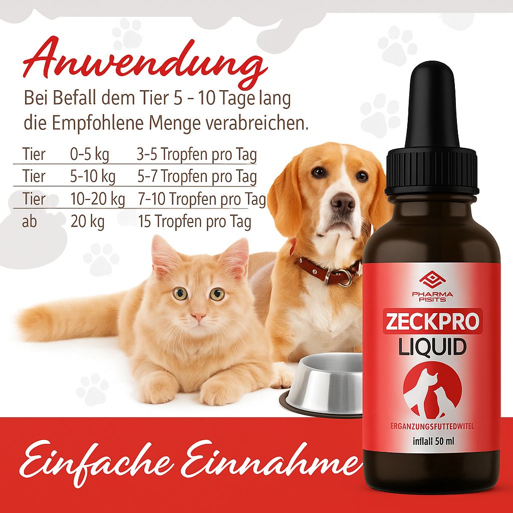 Braune Flasche mit schwarzem Deckel und Pipette. Rotes Etikett mit Text und Logo. Katze, Hund und Futternapf im Bild.