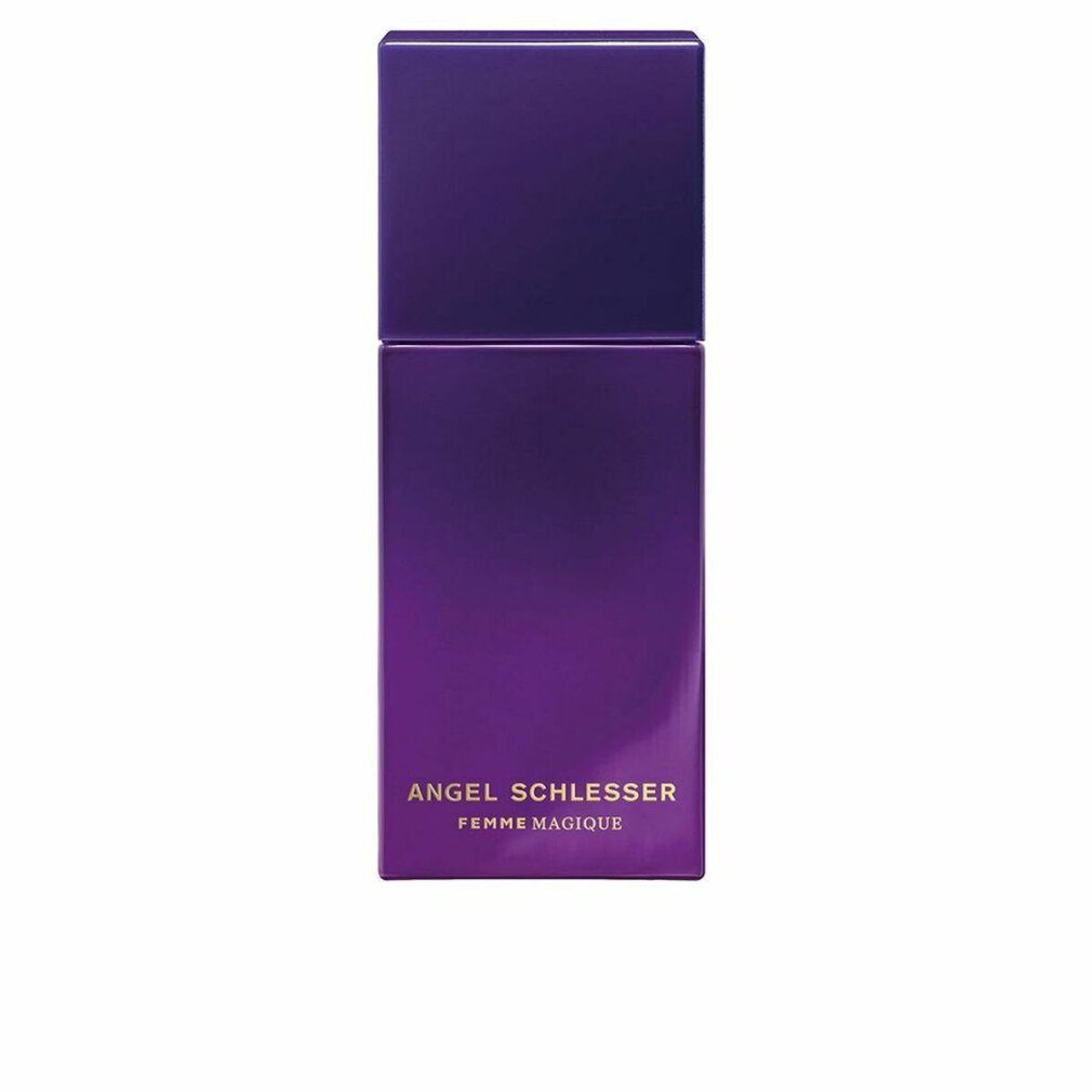 Violett-farbener Flakon mit rechteckigem Deckel. Aufschrift: Angel Schlesser Femme Magique.
