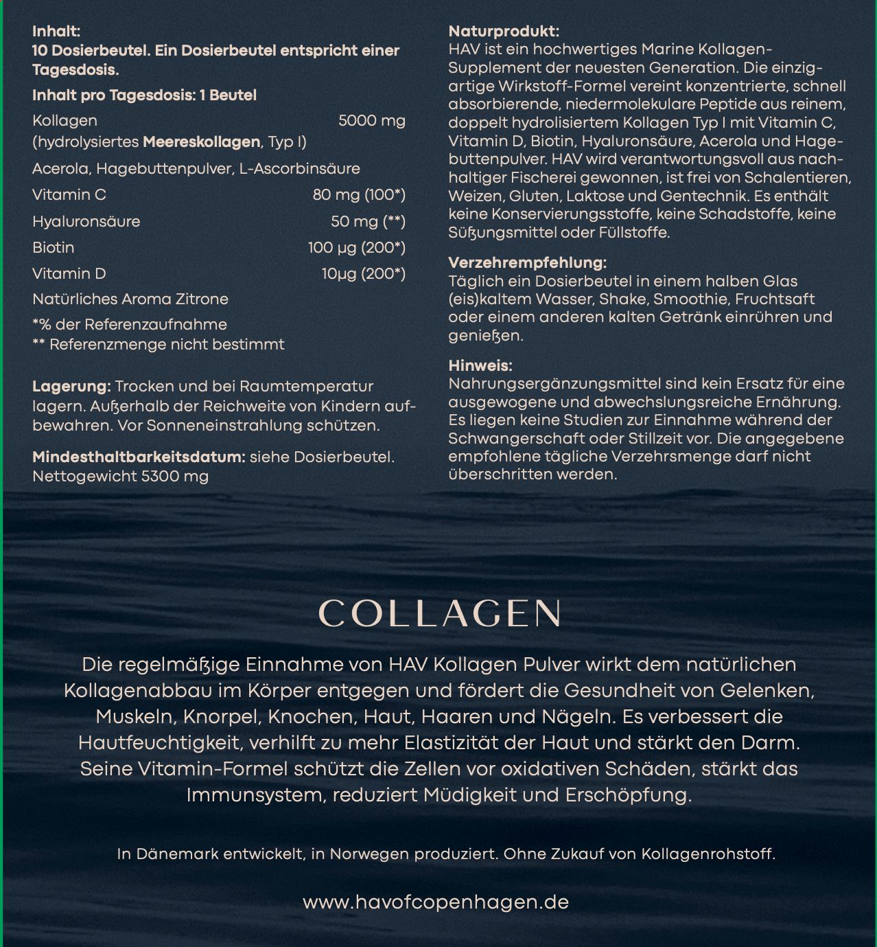 HAV® Premium Marine Collagen Pulver - mit Vitamin C & D, Biotin und Hyaluronsäure.