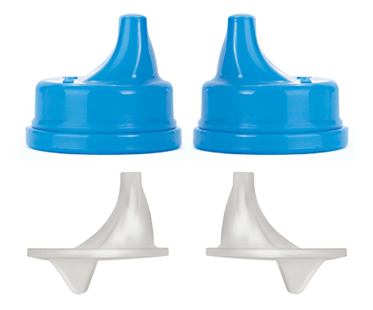Zwei blaue Sippy Caps mit weißem Mundstück. Ansicht von oben und von der Seite.