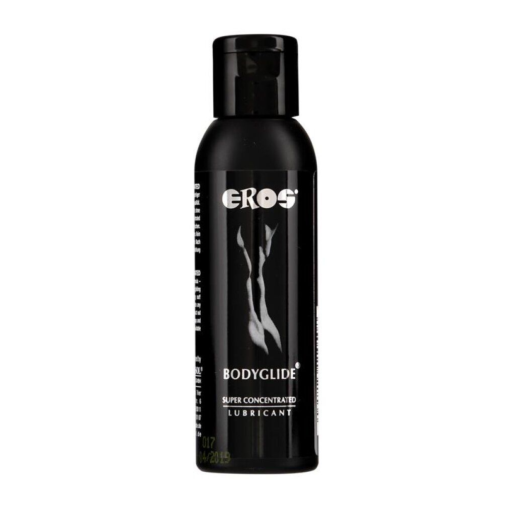 Schwarze Flasche mit EROS Bodyglide Super Concentrated Lubricant. Abgebildet ist eine stilisierte weibliche Silhouette.